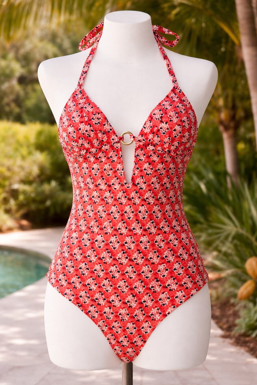 Tory Burch XS Hamadri Floral Swimsuit Red Orange One Piece Cutout Reg $250+ NWT